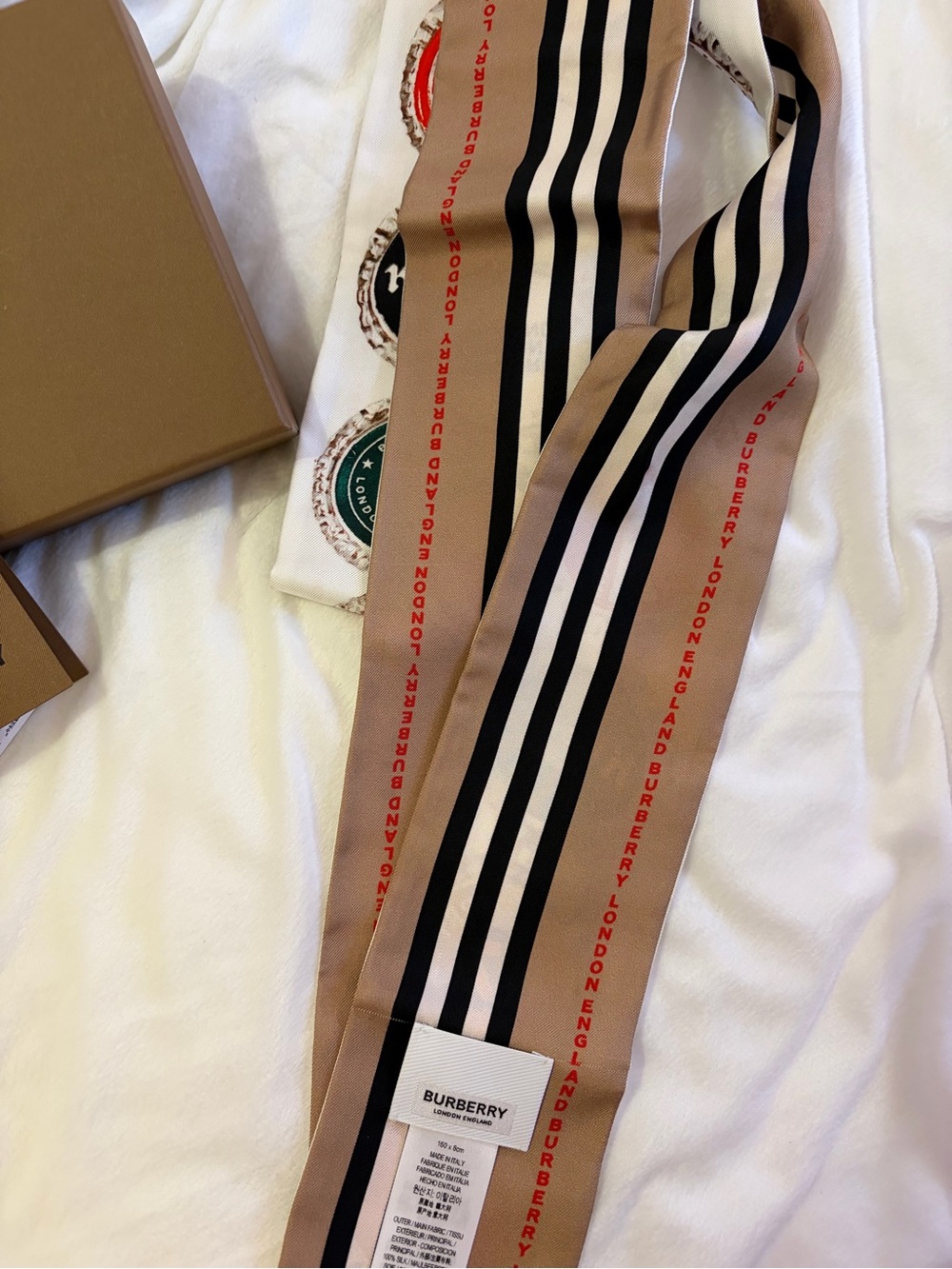 Burberry Silk Medal Print Twilly in White, Red, Green, Tan - Picture 4 of 9